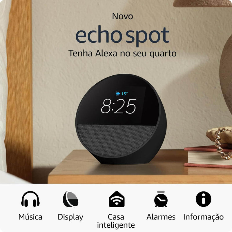 Echo Spot com Alexa - Despertador inteligente com som vibrante - Cor Preta